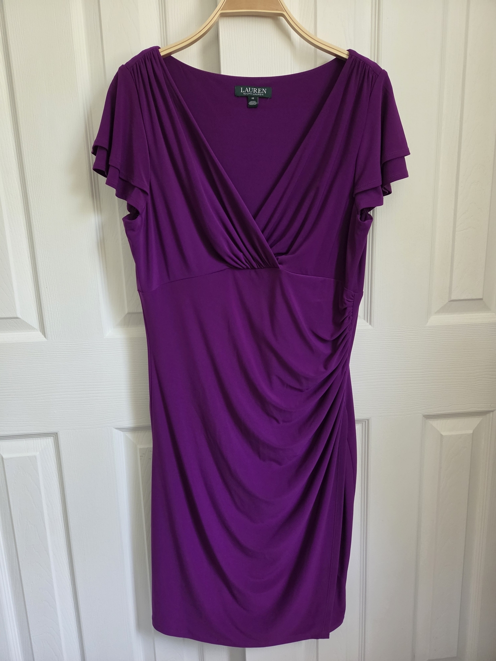 Lauren Ralph Lauren Purple Faux-Wrap Ruched V-Neck Cocktail Dress, Size 16